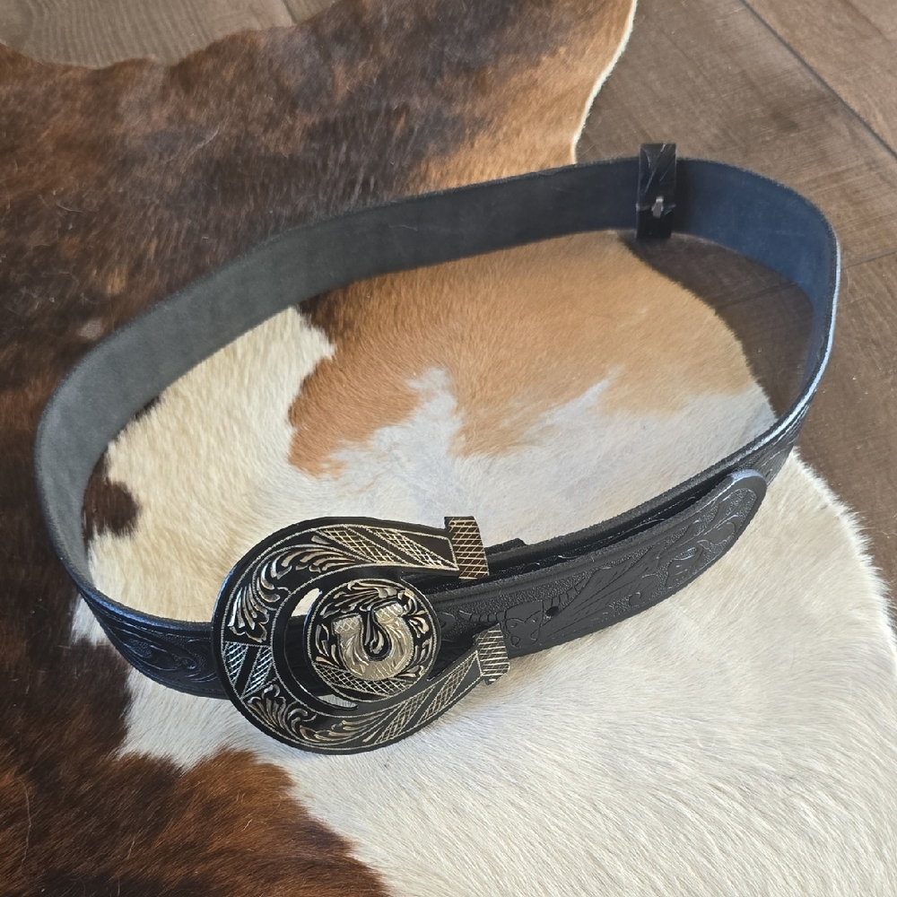 Black Leather Western Belt with Decorative Silver Buckle